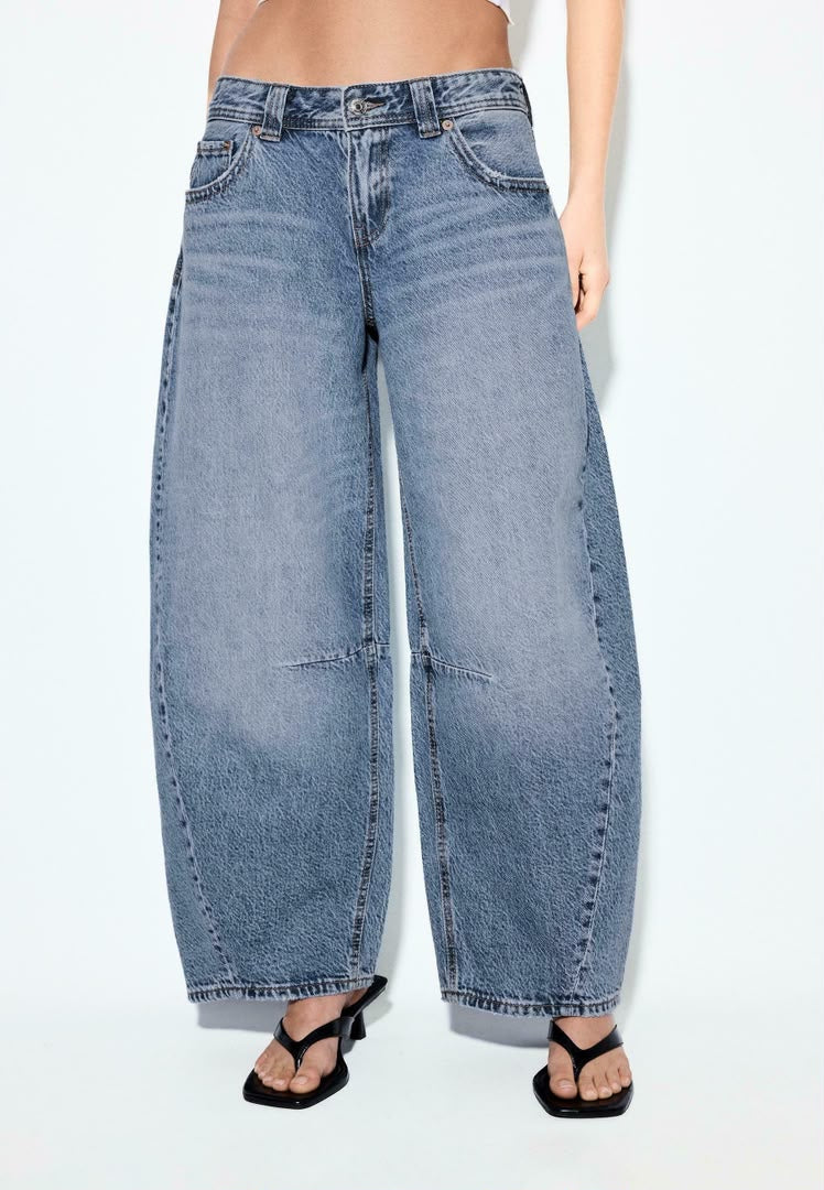 Low-Rise Balloon Fit Jeans - Mottled Dark Blue
