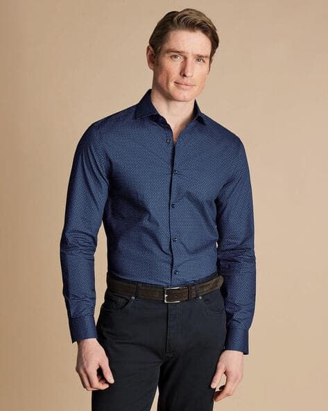 Non-Iron Geo Print Classic Fit Shirt - Navy Blue