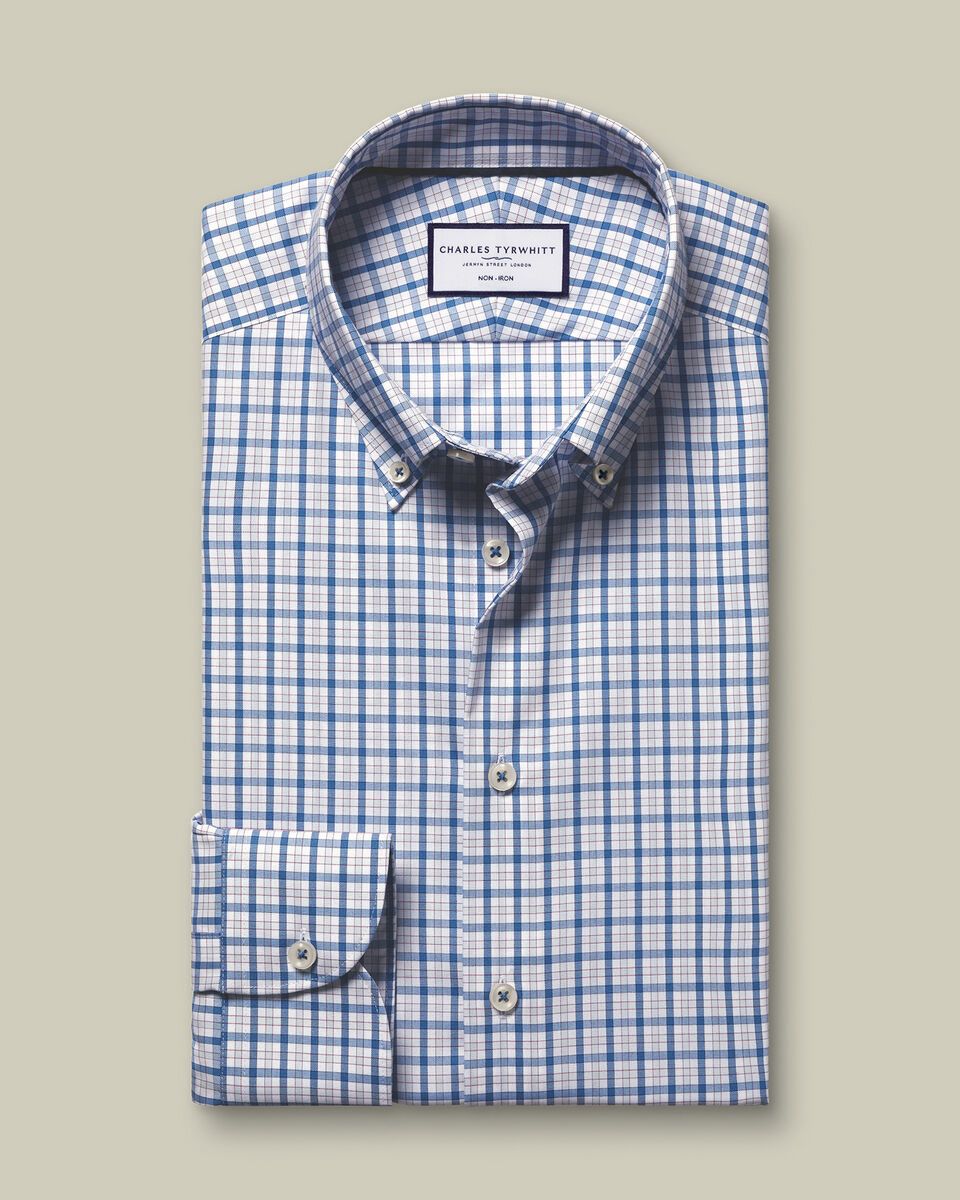 Button-Down Collar Non-Iron Stretch Pinpoint Oxford Check Slim Fit Shirt - Blue