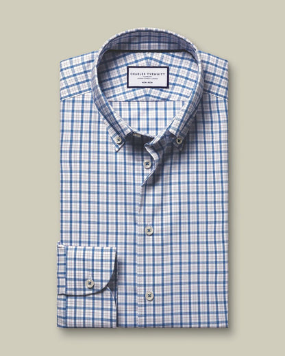 Button-Down Collar Non-Iron Stretch Pinpoint Oxford Check Slim Fit Shirt - Blue