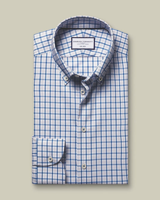 Button-Down Collar Non-Iron Stretch Pinpoint Oxford Check Slim Fit Shirt - Blue