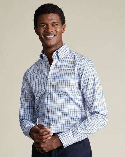 Button-Down Collar Non-Iron Stretch Pinpoint Oxford Check Slim Fit Shirt - Blue