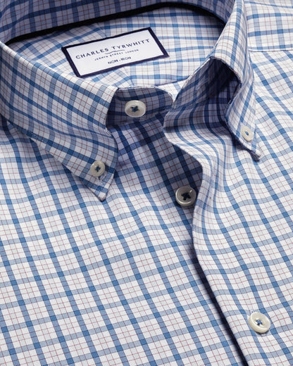 Button-Down Collar Non-Iron Stretch Pinpoint Oxford Check Slim Fit Shirt - Blue