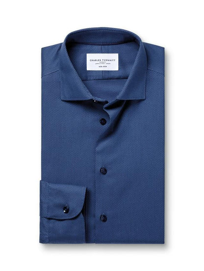 Cutaway Collar Non-Iron Dobby Cotton Texture Slim Fit Shirt - Denim Blue