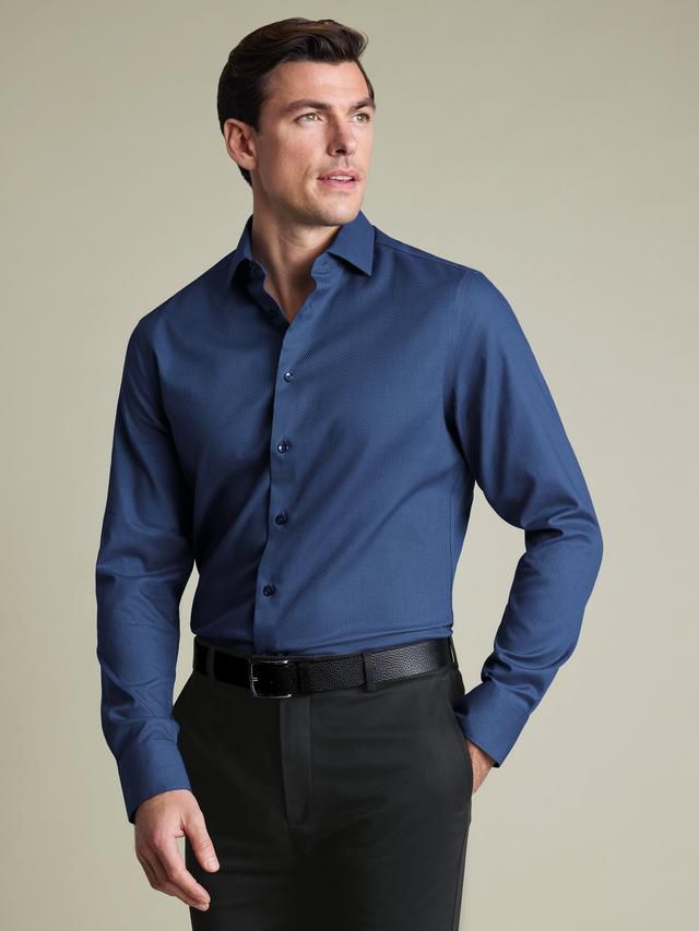 Cutaway Collar Non-Iron Dobby Cotton Texture Slim Fit Shirt - Denim Blue