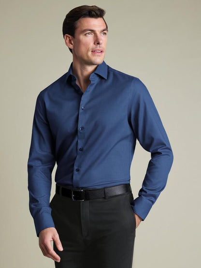 Cutaway Collar Non-Iron Dobby Cotton Texture Slim Fit Shirt - Denim Blue