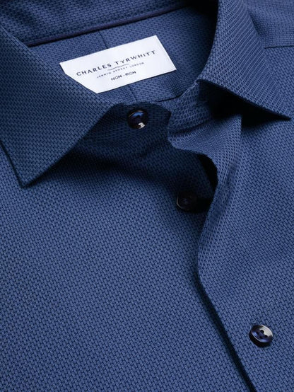 Cutaway Collar Non-Iron Dobby Cotton Texture Slim Fit Shirt - Denim Blue
