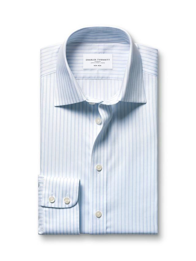 Classic Collar Non-Iron Stripe Cotton Twill Slim Fit Shirt - Light Blue