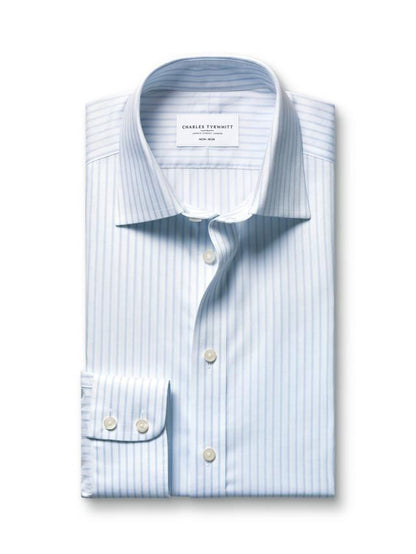 Classic Collar Non-Iron Stripe Cotton Twill Slim Fit Shirt - Light Blue