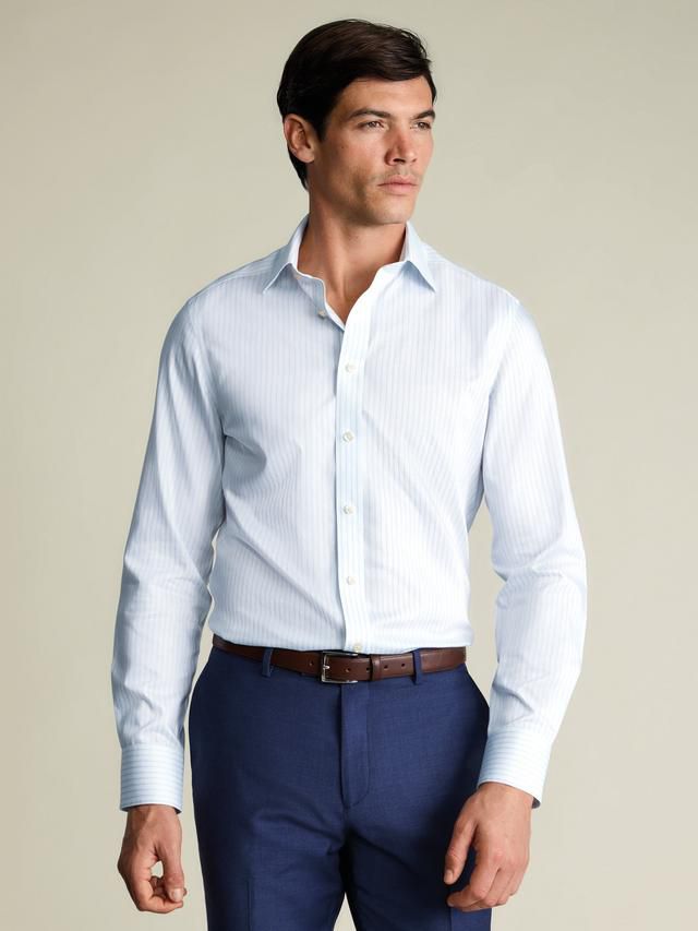 Classic Collar Non-Iron Stripe Cotton Twill Slim Fit Shirt - Light Blue