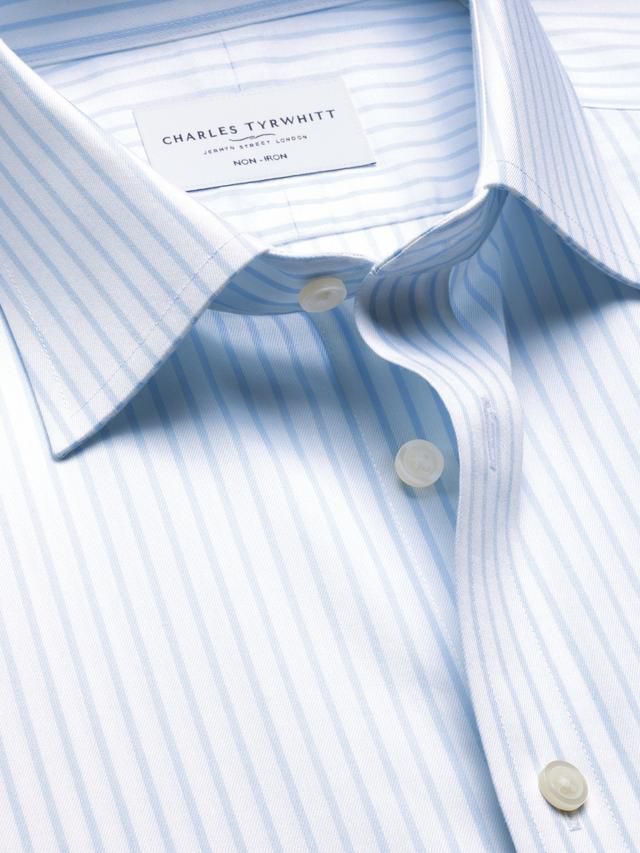 Classic Collar Non-Iron Stripe Cotton Twill Slim Fit Shirt - Light Blue