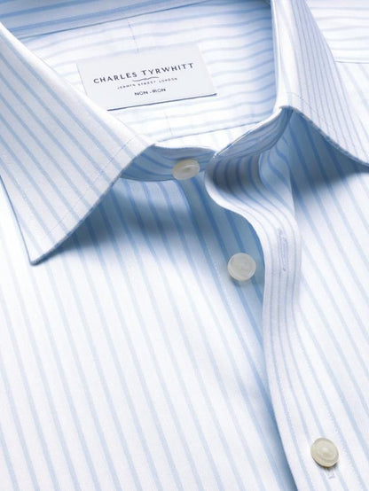 Classic Collar Non-Iron Stripe Cotton Twill Slim Fit Shirt - Light Blue