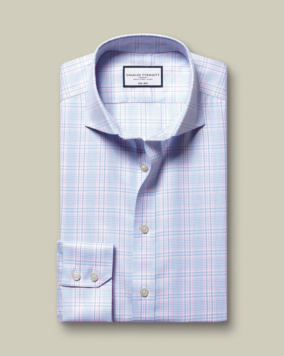 Classic Collar Non-Iron Twill Prince of Wales Slim Fit Shirt - Sky Blue & Pink