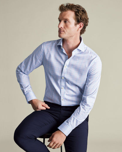 Classic Collar Non-Iron Twill Prince of Wales Slim Fit Shirt - Sky Blue & Pink