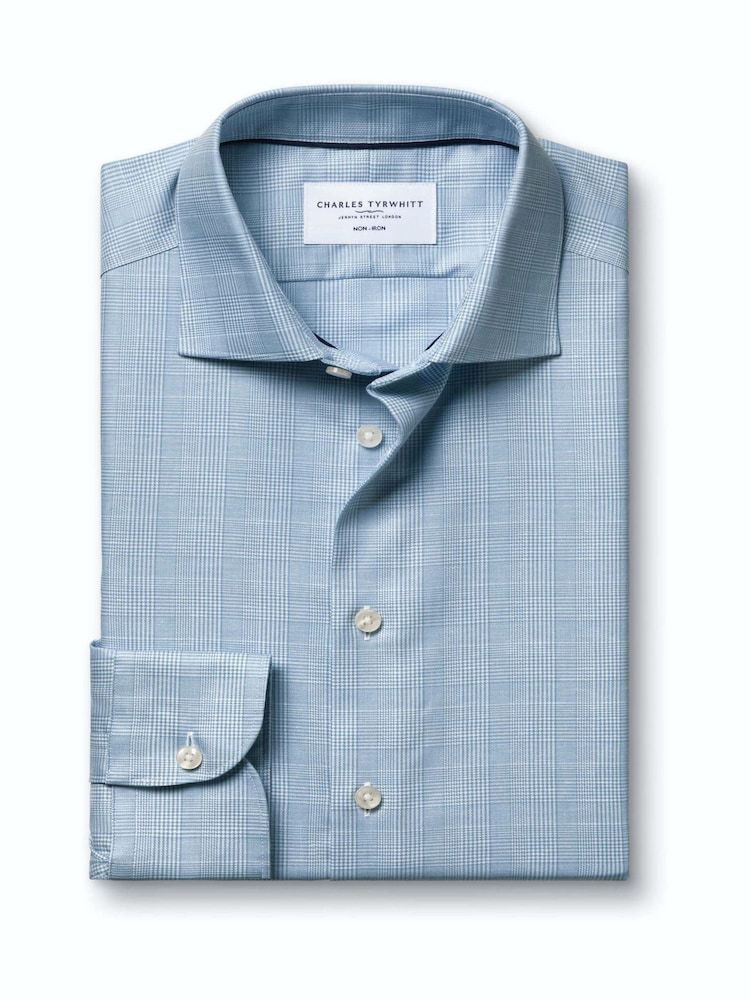 Non-Iron Cotton Linen Prince Of Wales Extra Slim Fit Shirt - Mid Blue