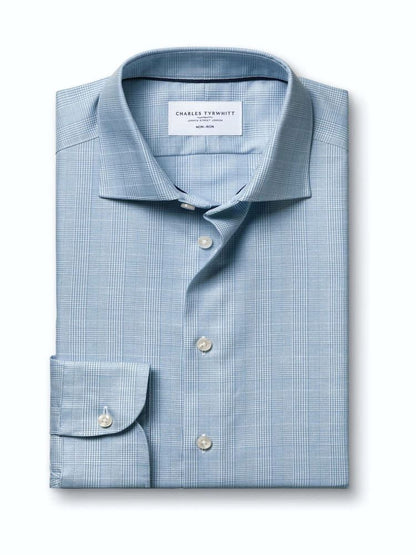 Non-Iron Cotton Linen Prince Of Wales Extra Slim Fit Shirt - Mid Blue