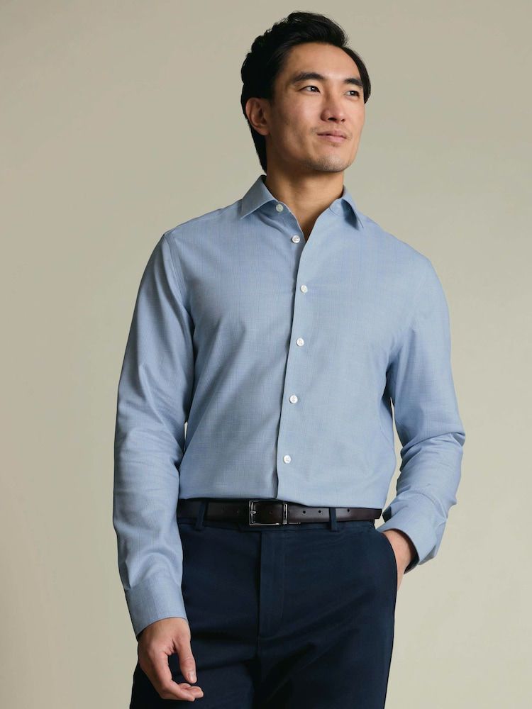 Non-Iron Cotton Linen Prince Of Wales Extra Slim Fit Shirt - Mid Blue