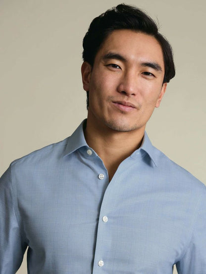 Non-Iron Cotton Linen Prince Of Wales Extra Slim Fit Shirt - Mid Blue