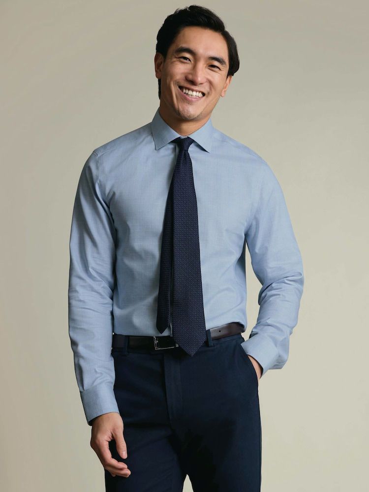 Non-Iron Cotton Linen Prince Of Wales Extra Slim Fit Shirt - Mid Blue