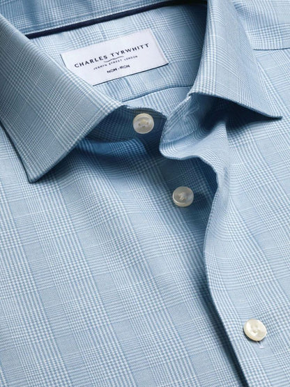 Non-Iron Cotton Linen Prince Of Wales Extra Slim Fit Shirt - Mid Blue