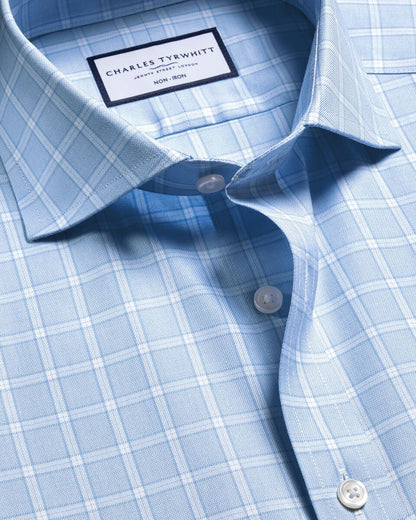 Cutaway Collar details Non-Iron Twill Check Slim Fit Shirt - Sky Blue