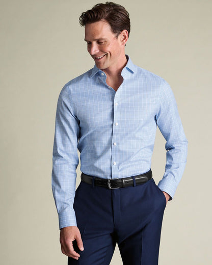 Cutaway Collar details Non-Iron Twill Check Slim Fit Shirt - Sky Blue