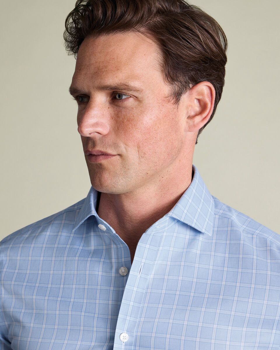 Cutaway Collar details Non-Iron Twill Check Slim Fit Shirt - Sky Blue