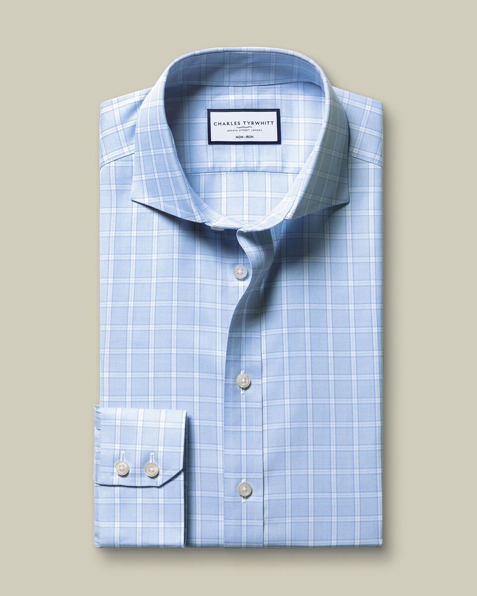 Cutaway Collar details Non-Iron Twill Check Slim Fit Shirt - Sky Blue
