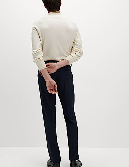 M&S Tailored Fit Flat Front Check Trousers- Navy