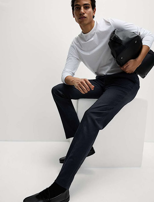 M&S Slim Fit Wool Blend Trousers-Navy
