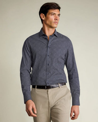 Semi Cutaway Collar Non-Iron Stretch Print Slim Fit Shirt – Navy