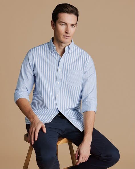 Button-Down Striped Patchwork Washed Oxford Slim Fit Shirt