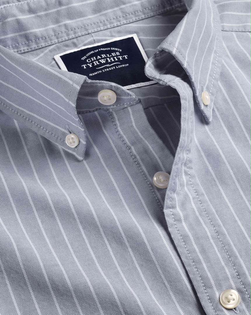 Button-Down Collar Washed Oxford Butchers Stripe Extra Slim Fit Shirt - Steel Blue