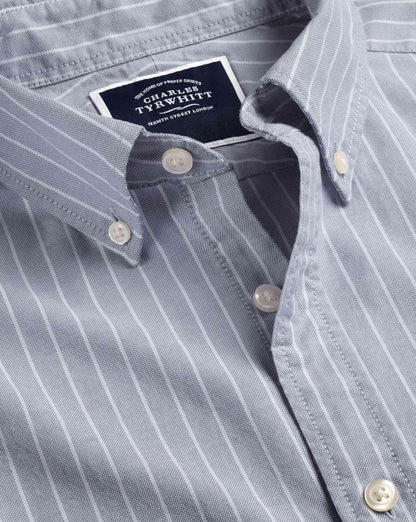 Button-Down Collar Washed Oxford Butchers Stripe Extra Slim Fit Shirt - Steel Blue