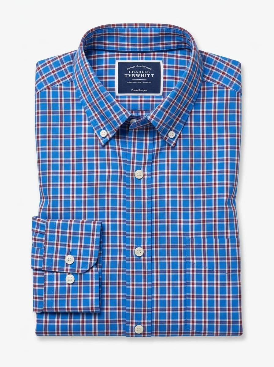 Multi Check Button Down Slim Fit Shirt - Blue