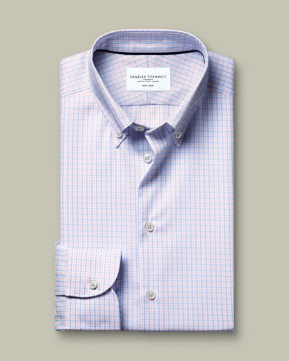 Button-Down Collar Non-Iron Stretch Pinpoint Oxford Check Slim Fit Shirt - Blue/Pink