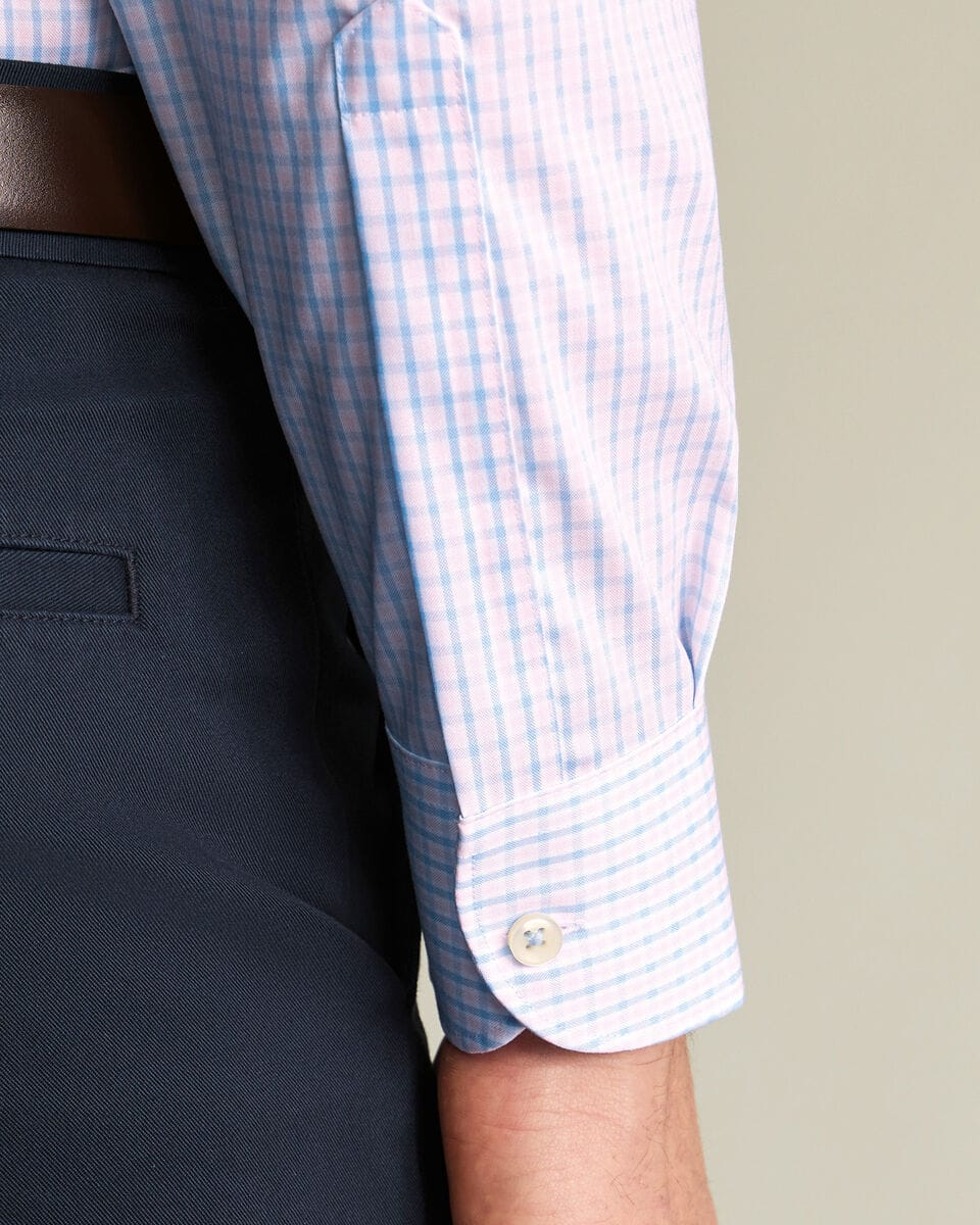 Button-Down Collar Non-Iron Stretch Pinpoint Oxford Check Slim Fit Shirt - Blue/Pink