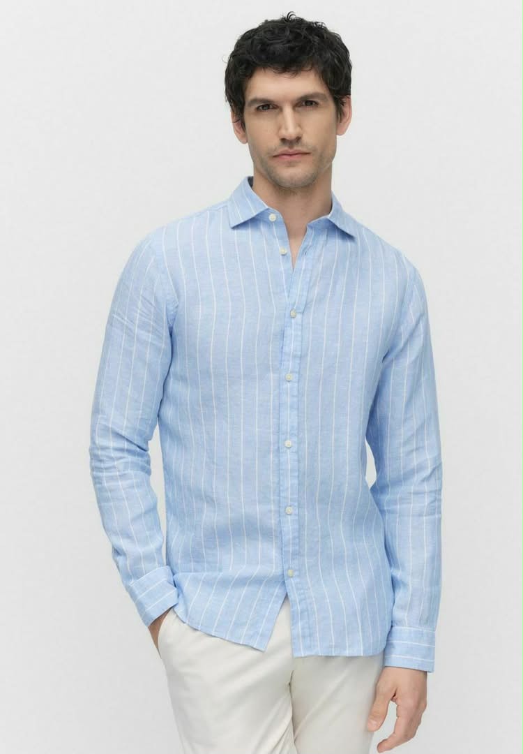 Pure linen stripe Classic fit shirt - light blue
