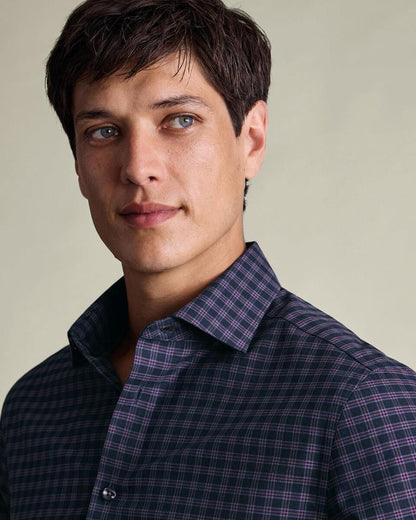 Brushed Cotton Twill Check Slim Fit Shirt - Ink Blue & Red