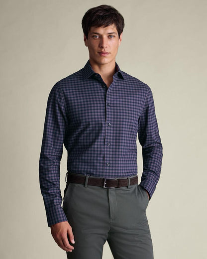 Brushed Cotton Twill Check Slim Fit Shirt - Ink Blue & Red