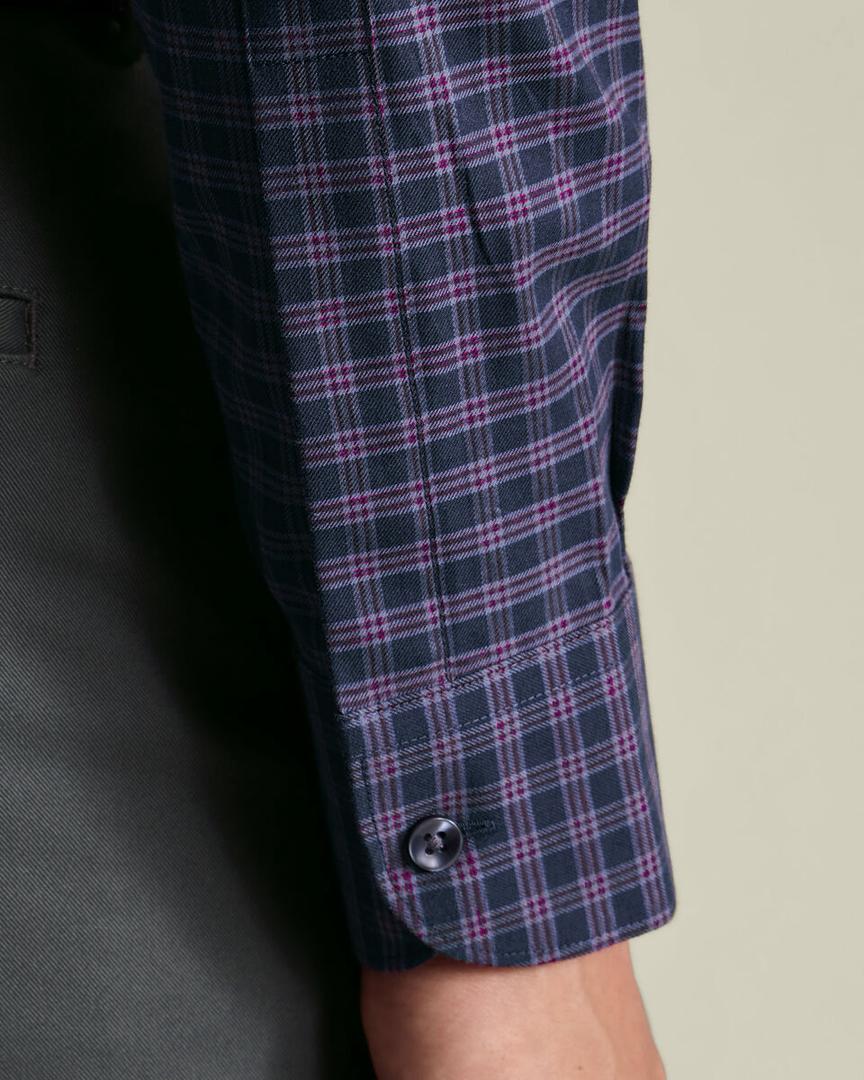 Brushed Cotton Twill Check Slim Fit Shirt - Ink Blue & Red