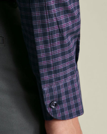 Brushed Cotton Twill Check Slim Fit Shirt - Ink Blue & Red