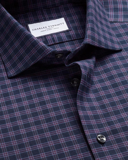 Brushed Cotton Twill Check Slim Fit Shirt - Ink Blue & Red