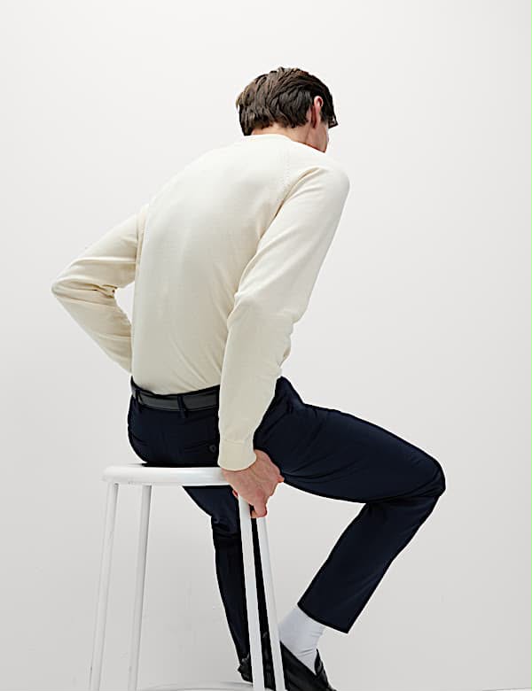 M&S Tailored Fit Flat Front Check Trousers- Navy