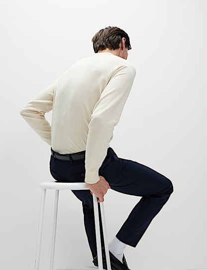 M&S Tailored Fit Flat Front Check Trousers- Navy