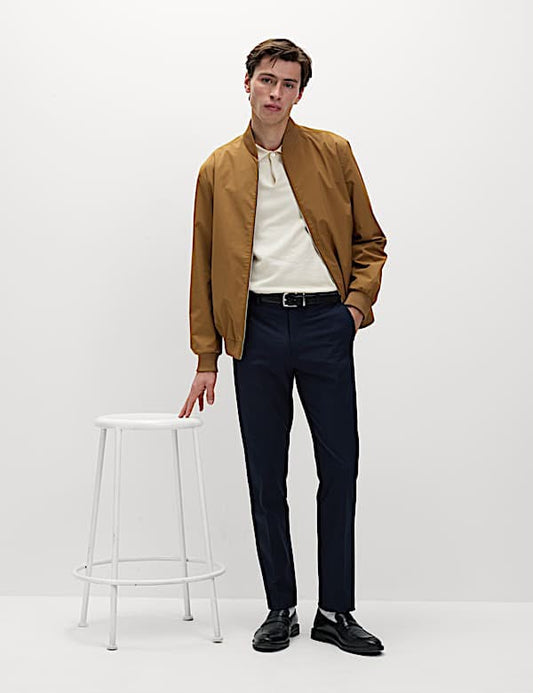 M&S Tailored Fit Flat Front Check Trousers- Navy