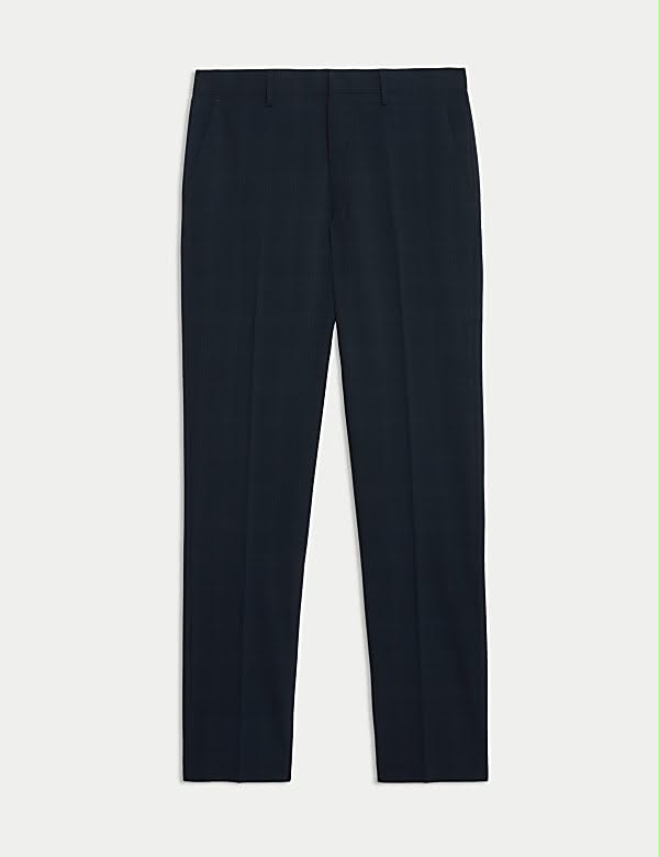 M&S Tailored Fit Flat Front Check Trousers- Navy