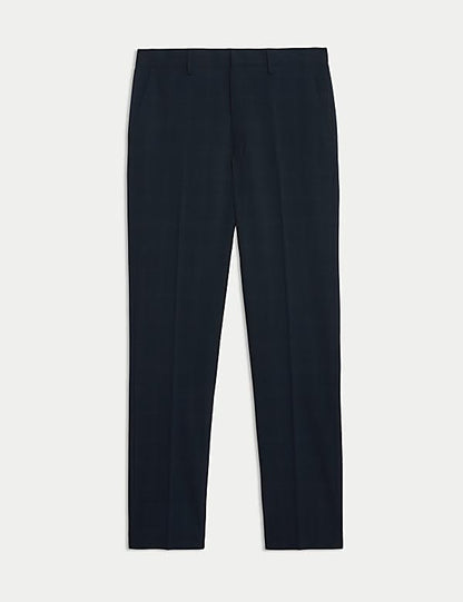 M&S Tailored Fit Flat Front Check Trousers- Navy
