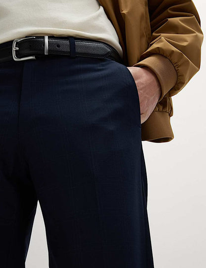 M&S Tailored Fit Flat Front Check Trousers- Navy