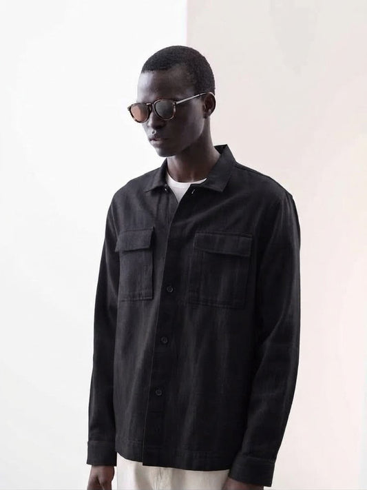 Autograph Cotton Linen Blend Shirt- Black